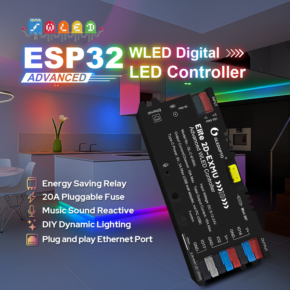 GLEDOPTO GL-C-616WL Elite Advanced WLED Controller with Ethernet, ESP32 Dual-Output Addressable LED Controller, DC5–24V 15A Fuse + Relay, WiFi & RJ45 for WS2812B SK6812 WS2815 TM1814 SPI Pixel LED Strip,Whymelighting – Pro LED Strips & Diffused Blocks, Factory Direct,GLEDOPTO GL-C-616WL Elite Advanced WLED Controller with Ethernet, ESP32 Dual-Output Addressable LED Controller, DC5–24V 15A Fuse + Relay, WiFi & RJ45 for WS2812B SK6812 WS2815 TM1814 SPI Pixel LED Strip
