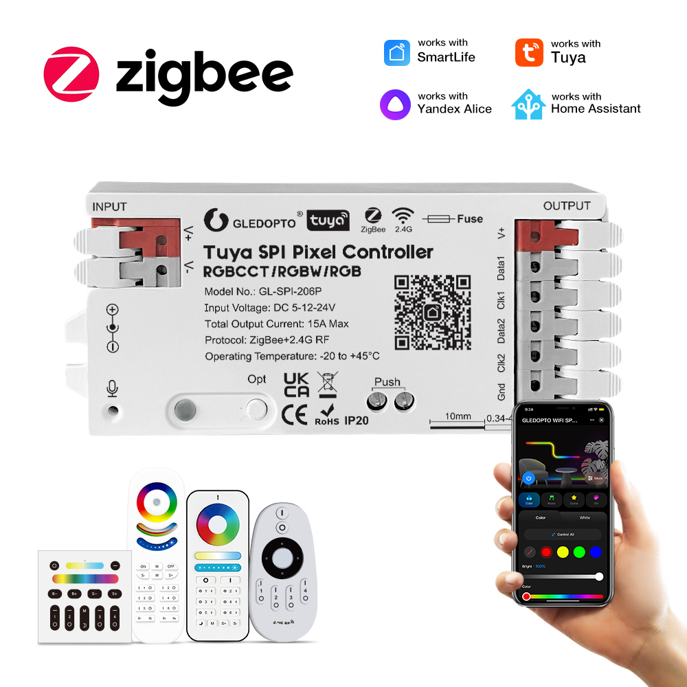 GLEDOPTO GL-SPI-206P Tuya ZigBee SPI Pixel LED Controller, DC5–24V 15A Dual SPI Output, App/RF Control for WS2812 SK6812 WS2815 SK9822 WS2805 RGBCCT Addressable LED Strip,Whymelighting – Pro LED Strips & Diffused Blocks, Factory Direct,GLEDOPTO GL-SPI-206P Tuya ZigBee SPI Pixel LED Controller, DC5–24V 15A Dual SPI Output, App/RF Control for WS2812 SK6812 WS2815 SK9822 WS2805 RGBCCT Addressable LED Strip