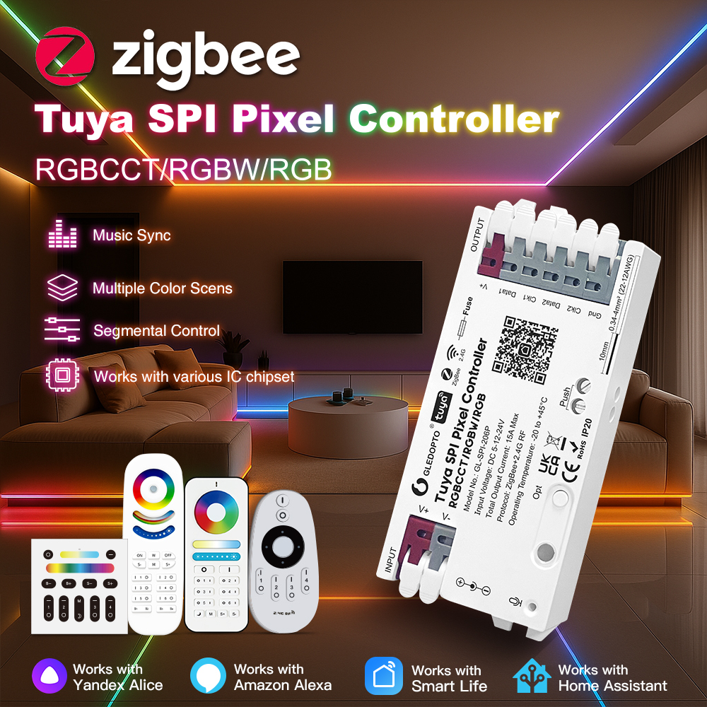 GLEDOPTO GL-SPI-206P Tuya ZigBee SPI Pixel LED Controller, DC5–24V 15A Dual SPI Output, App/RF Control for WS2812 SK6812 WS2815 SK9822 WS2805 RGBCCT Addressable LED Strip,Whymelighting – Pro LED Strips & Diffused Blocks, Factory Direct,GLEDOPTO GL-SPI-206P Tuya ZigBee SPI Pixel LED Controller, DC5–24V 15A Dual SPI Output, App/RF Control for WS2812 SK6812 WS2815 SK9822 WS2805 RGBCCT Addressable LED Strip