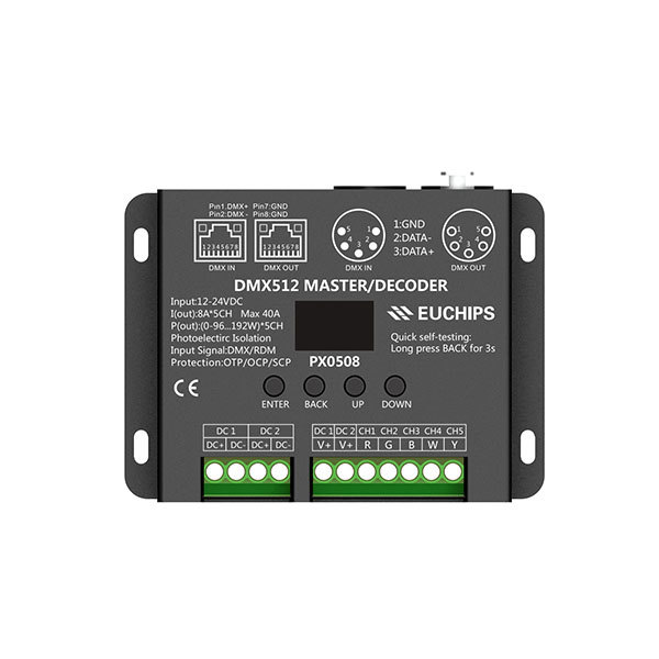 12-24VDC 8A*5ch DMX512 Decoder PX0508-OLED,Whymelighting – Pro LED Strips & Diffused Blocks, Factory Direct,12-24VDC 8A*5ch DMX512 Decoder PX0508-OLED