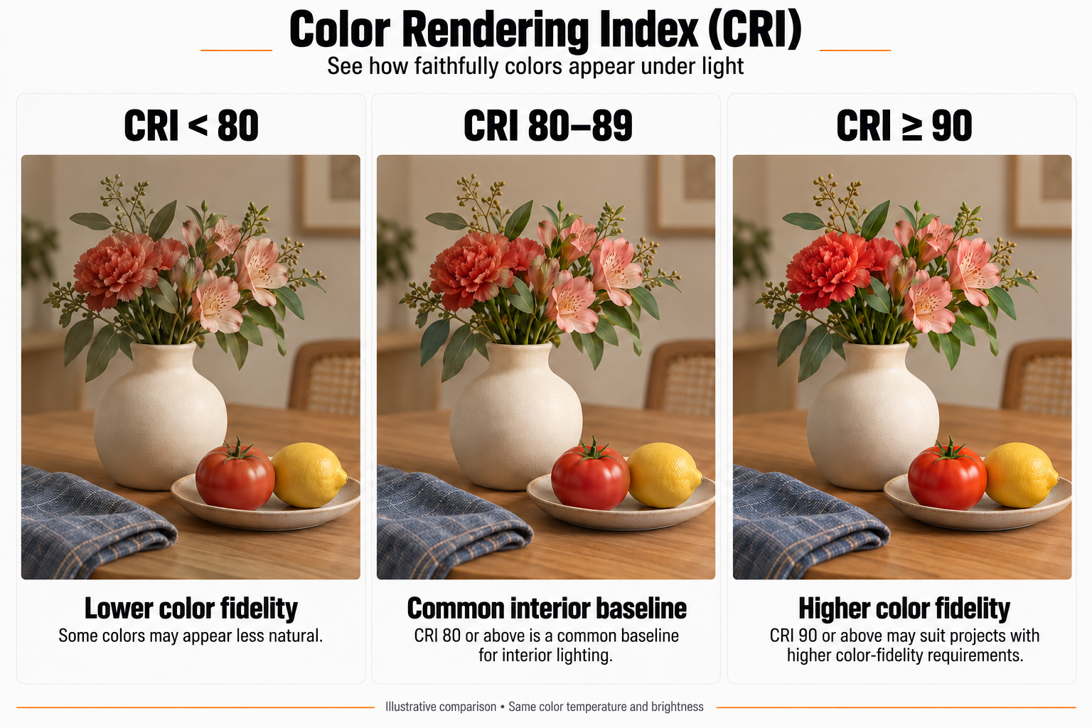 Illustrative color rendering index comparison showing the same flowers, fruit and interior under CRI below 80, CRI 80&ndash;89 and CRI 90 or above, at the same color temperature and brightness.