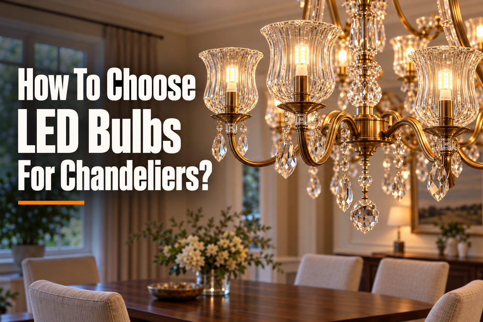 Warm LED capsule bulbs illuminating a crystal and brass chandelier above a dining table, with the title How To Choose LED Bulbs For Chandeliers?