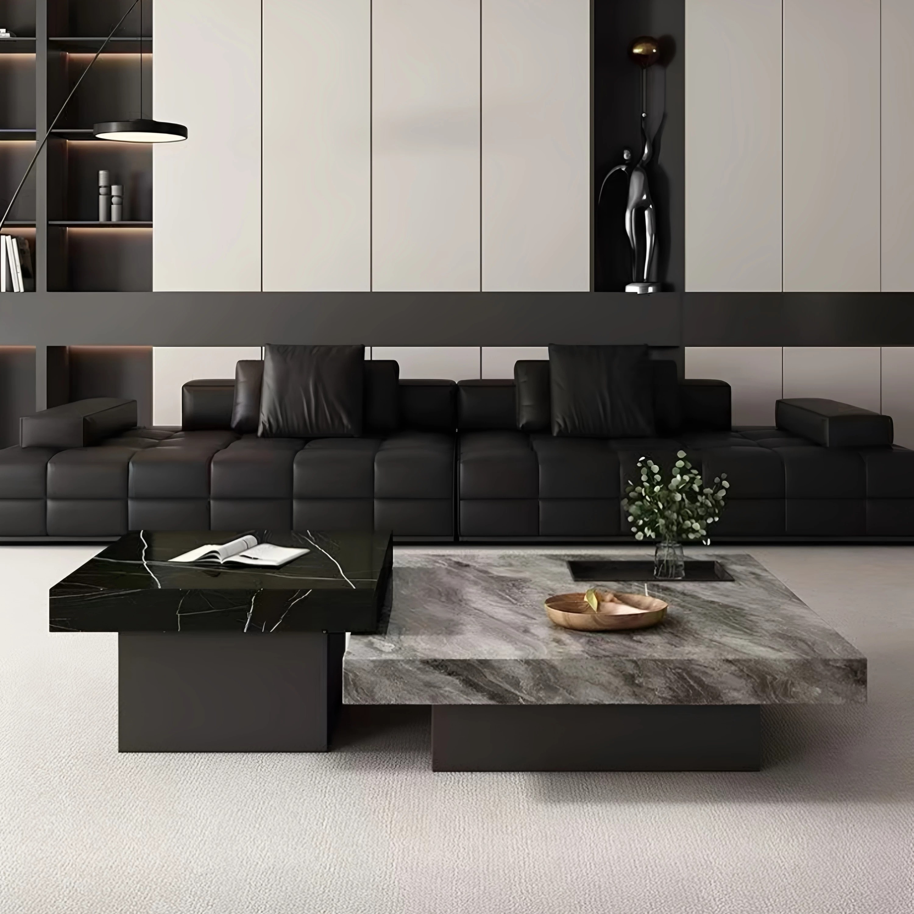Italian style minimalist tea table with a light luxury and high-end feel for living room and household use, featuring a square rock slab height combination tea table 80cm+12cm