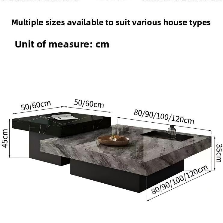 Italian style minimalist tea table with a light luxury and high-end feel for living room and household use, featuring a square rock slab height combination tea table 80cm+12cm