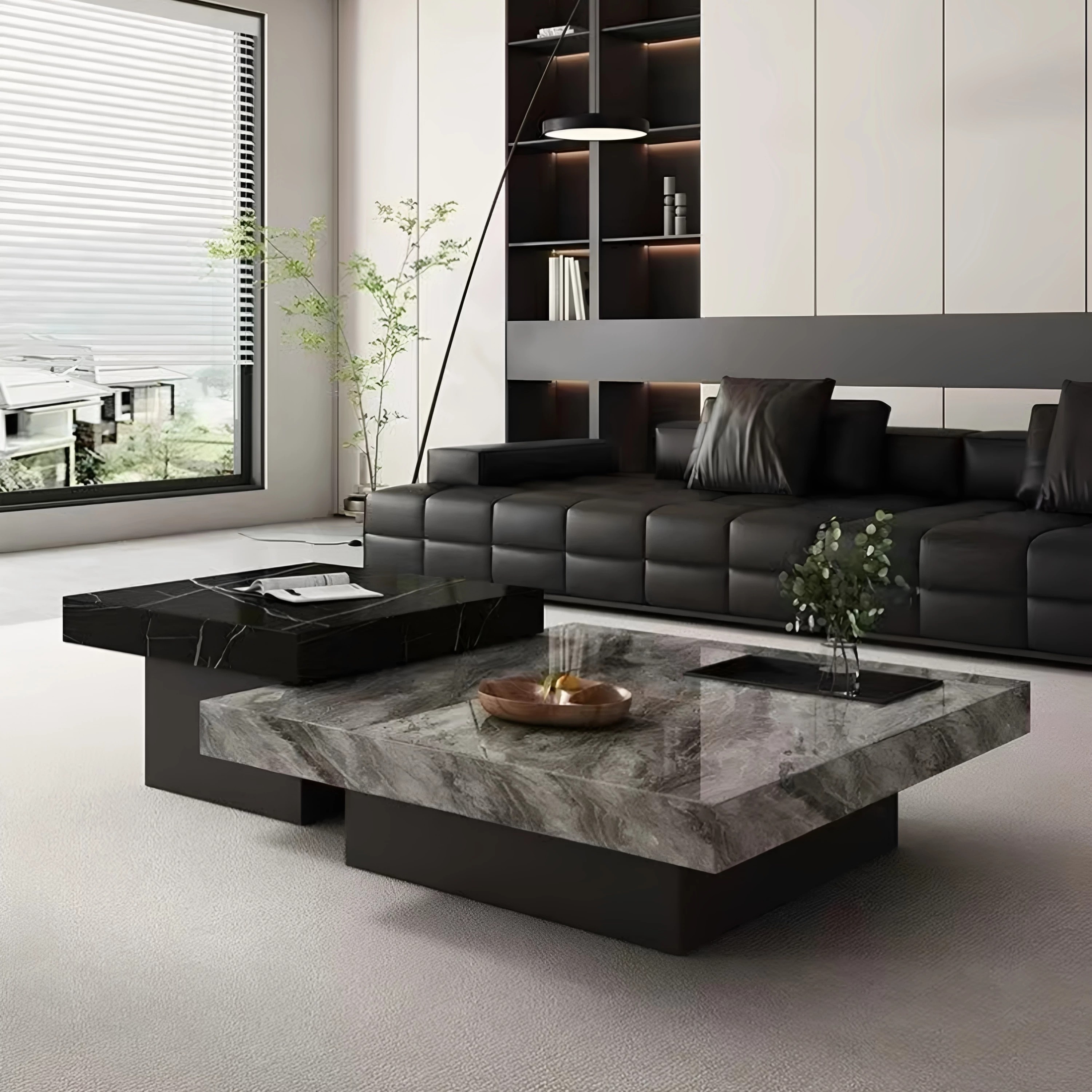 Italian style minimalist tea table with a light luxury and high-end feel for living room and household use, featuring a square rock slab height combination tea table 80cm+12cm