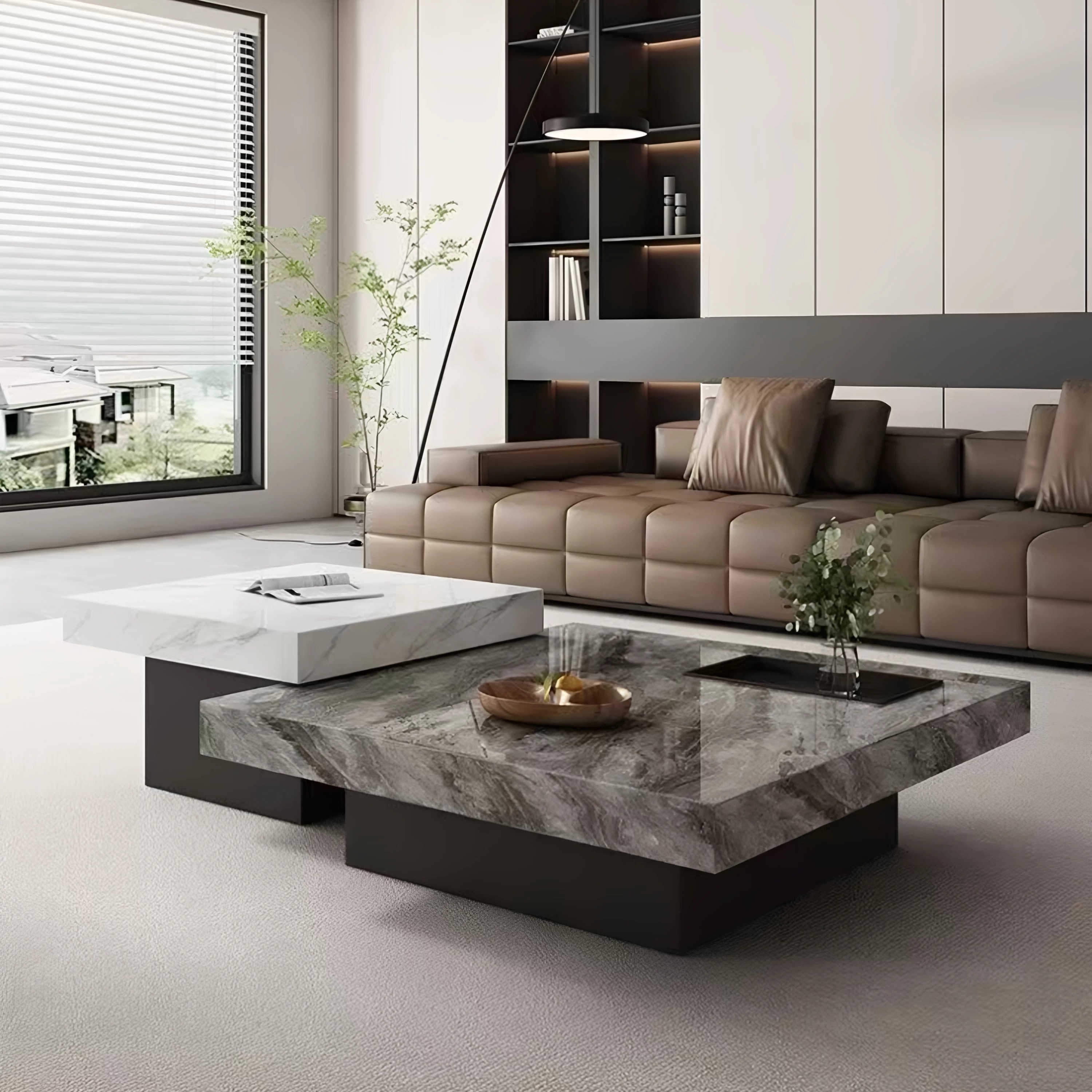 Italian style minimalist tea table with a light luxury and high-end feel for living room and household use, featuring a square rock slab height combination tea table 80cm+12cm