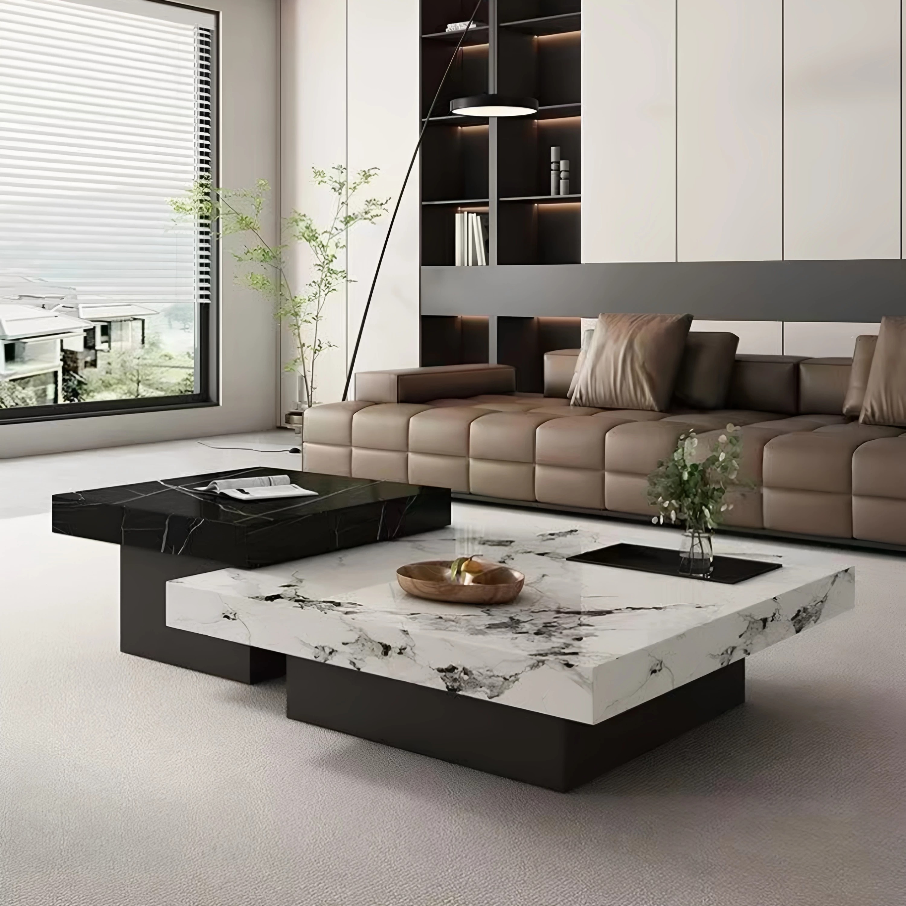 Italian style minimalist tea table with a light luxury and high-end feel for living room and household use, featuring a square rock slab height combination tea table 80cm+12cm