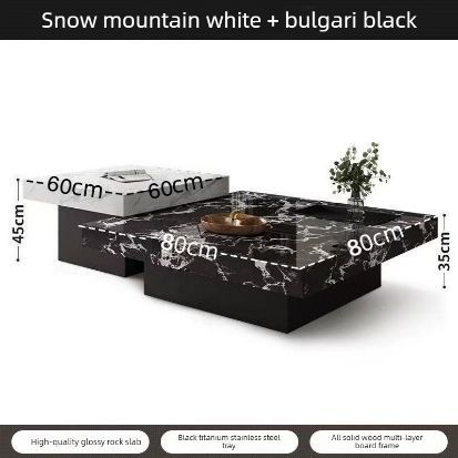 Italian style minimalist tea table with a light luxury and high-end feel for living room and household use, featuring a square rock slab height combination tea table 80cm+12cm