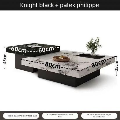 Italian style minimalist tea table with a light luxury and high-end feel for living room and household use, featuring a square rock slab height combination tea table 80cm+12cm