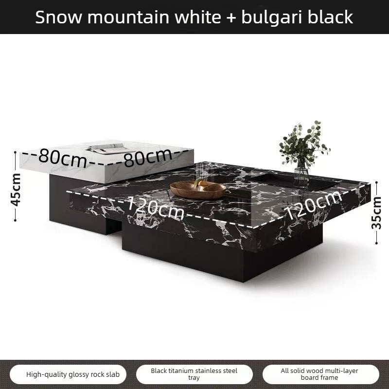 Italian style minimalist tea table with a light luxury and high-end feel for living room and household use, featuring a square rock slab height combination tea table 80cm+12cm