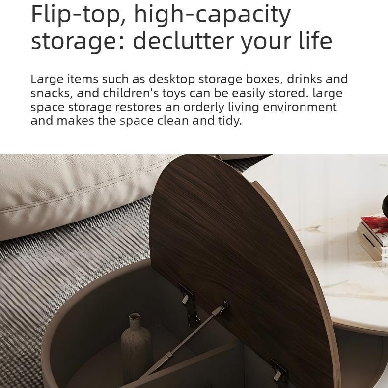 Italian minimalist circular rotating rock coffee table for small living rooms, new retractable size circular storage coffee table