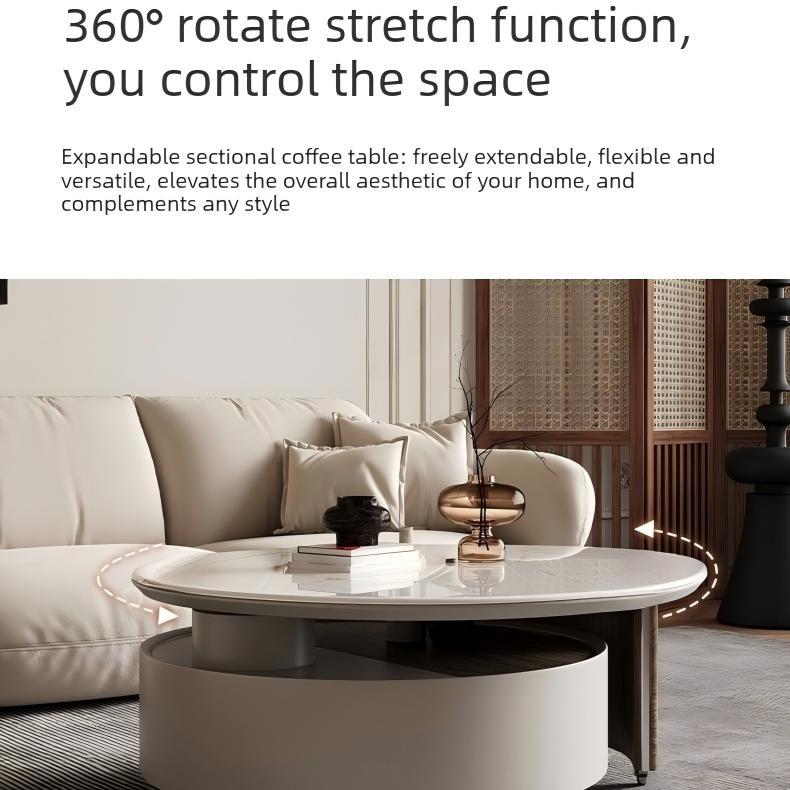 Italian minimalist circular rotating rock coffee table for small living rooms, new retractable size circular storage coffee table
