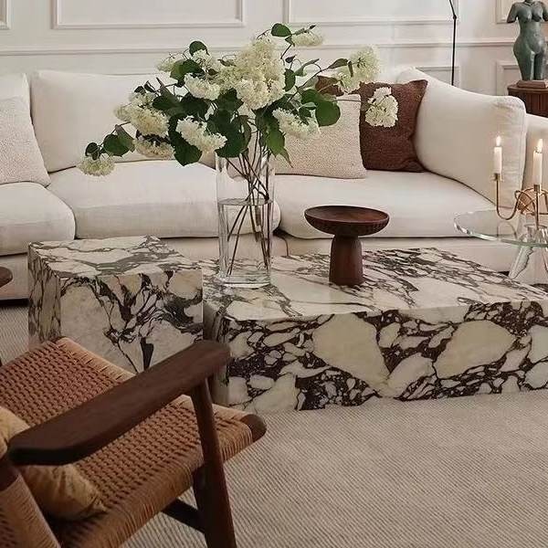 French retro Bvlgari rock slab coffee table for living room, home use, light luxury rectangular creative coffee table+corner table combination, rock slab countertop, living room furniture