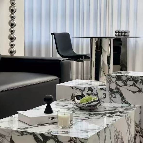 French retro Bvlgari rock slab coffee table for living room, home use, light luxury rectangular creative coffee table+corner table combination, rock slab countertop, living room furniture
