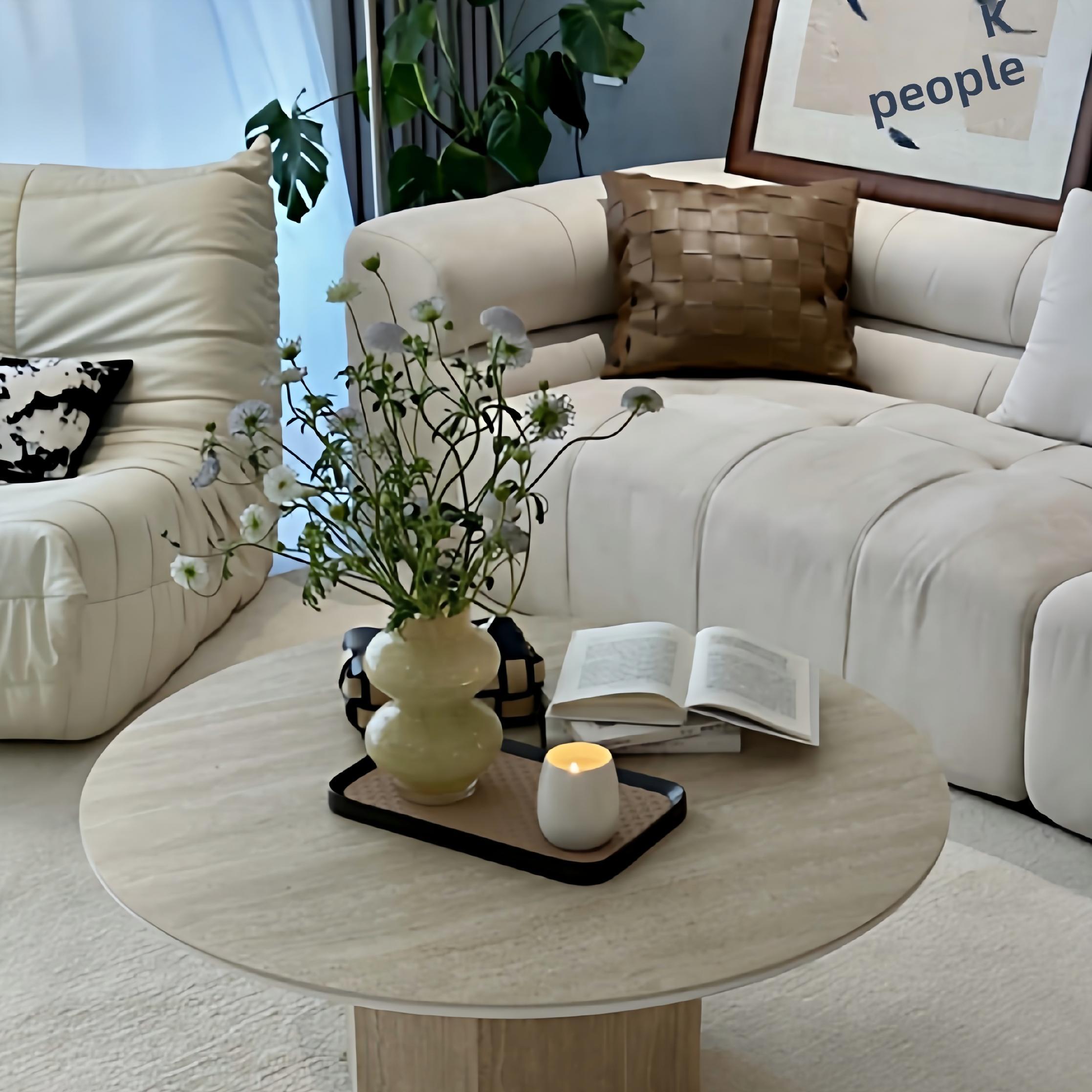 Wabi Sabi Wind Cave Stone Tea Table Rock Plate Extremely Simple Cream Round Tea Table Living Room Nordic French Retro Small House Tea Table
