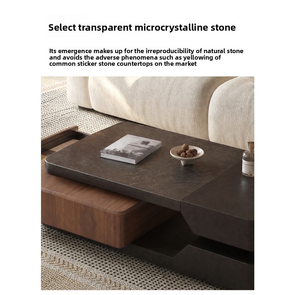 Scalable rotating microcrystalline stone tea table with a small layout, featuring antique style walnut wood grain and a rectangular storage area