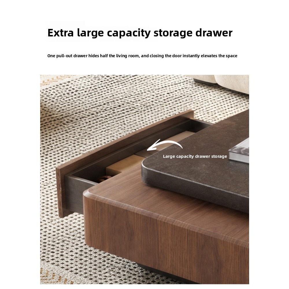 Scalable rotating microcrystalline stone tea table with a small layout, featuring antique style walnut wood grain and a rectangular storage area