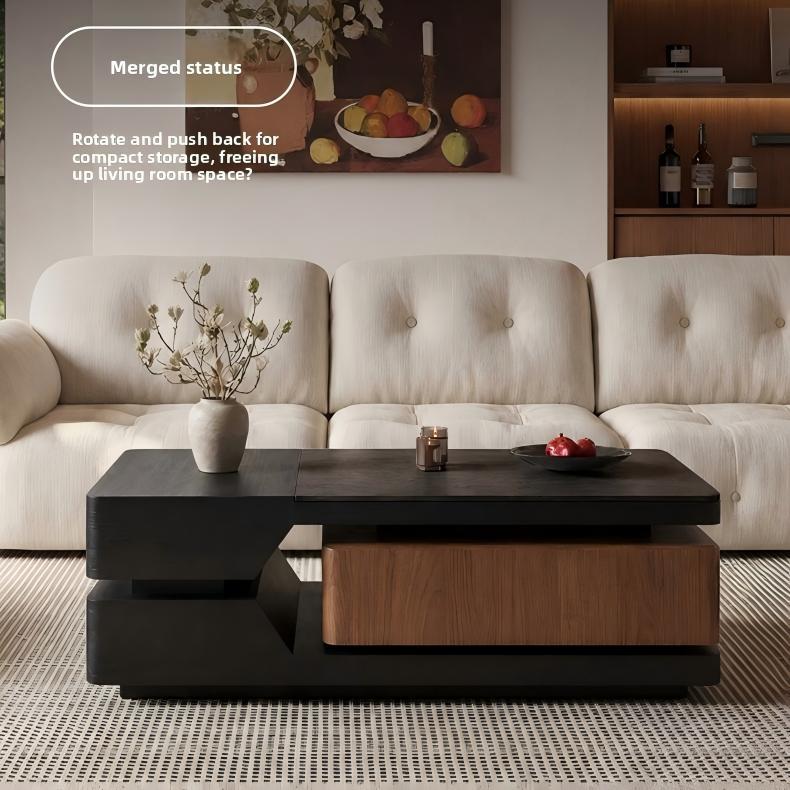 Scalable rotating microcrystalline stone tea table with a small layout, featuring antique style walnut wood grain and a rectangular storage area
