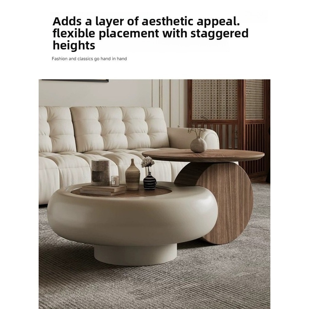 Italian minimalist walnut wood grain circular coffee table for home living room E1 level environmentally friendly flip storage solid wood tea table