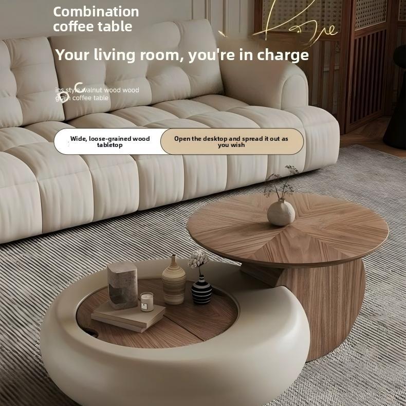 Italian minimalist walnut wood grain circular coffee table for home living room E1 level environmentally friendly flip storage solid wood tea table