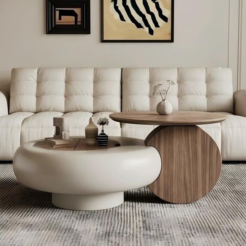 Italian minimalist walnut wood grain circular coffee table for home living room E1 level environmentally friendly flip storage solid wood tea table