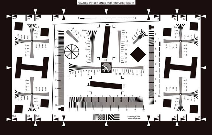 ISO 12233 electronic still-picture resolution chart with hyperbolic wedges and frequency sweeps