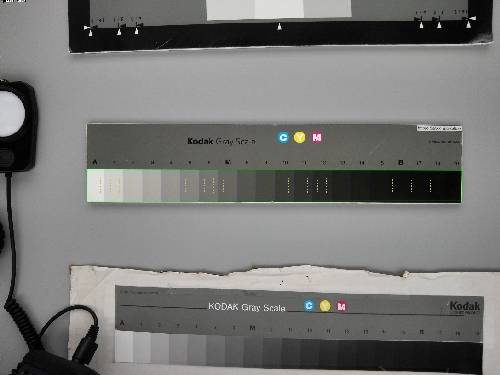 Kodak step chart mounted in the light box for dynamic range measurement