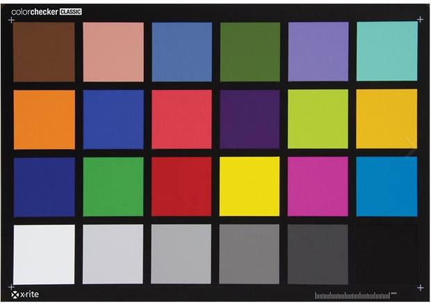 X-Rite ColorChecker Classic &mdash; 24-patch color and grey reference chart, photographed in the lab