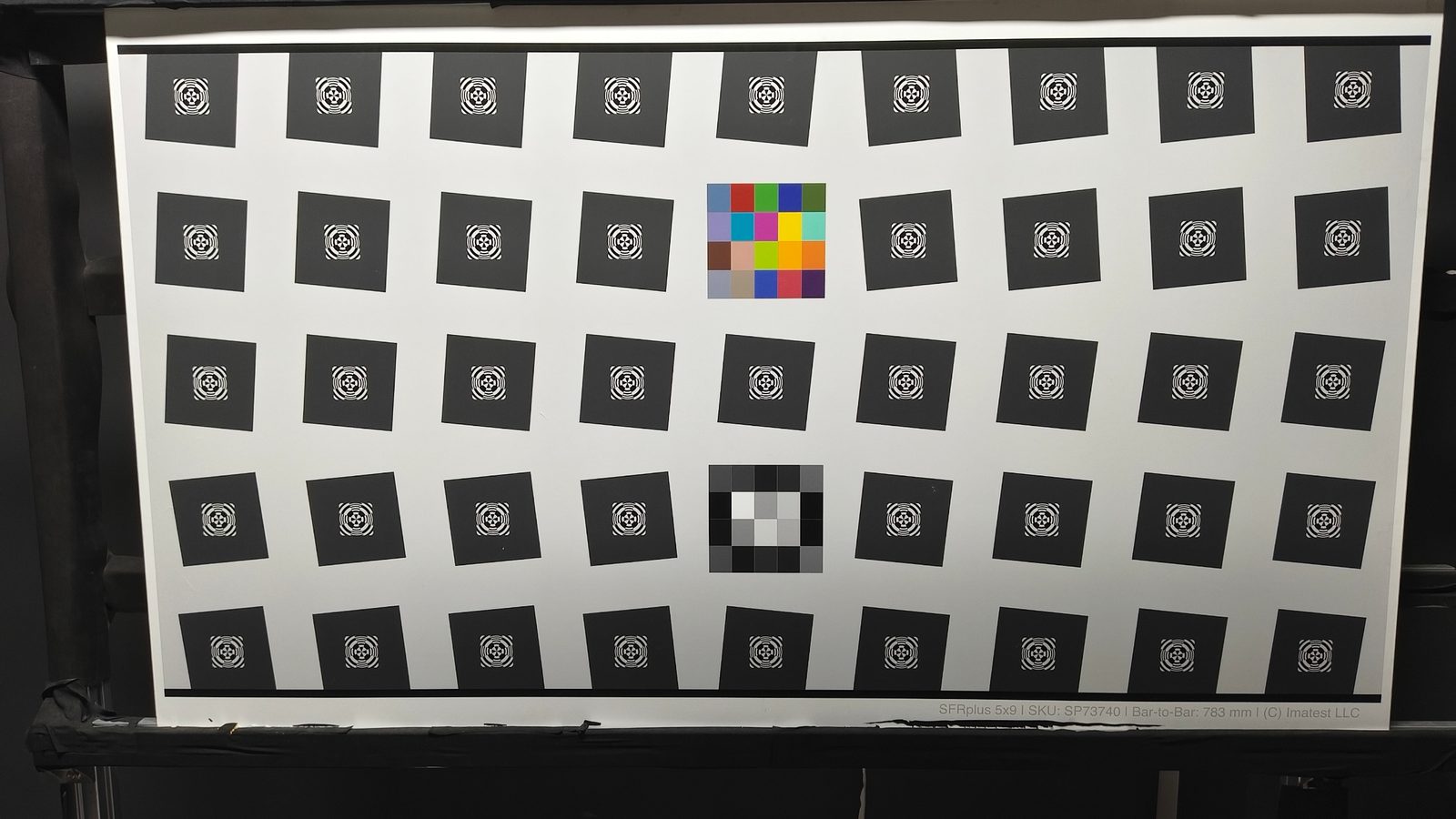 Imatest SFRplus 5×9 image quality test chart (bar-to-bar 783 mm) used to verify MTF, color and tonal response of the five-camera system (EyeCloud AI case study)