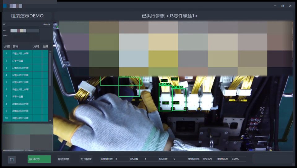 YOLO 检测证据:连接器 J3 与 J7 分别以 0.95 与 0.96 置信度检出,紧固件排出现螺丝类检测,SOP 清单中已执行步骤转绿
