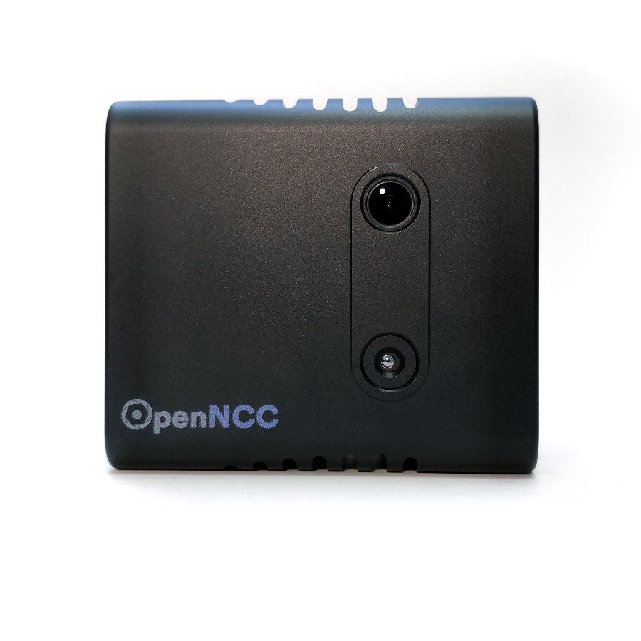 OpenNCC IR384 camera side view on tripod: HDMI and USB host ports on the side panel, thermal and visible-light lenses at the front