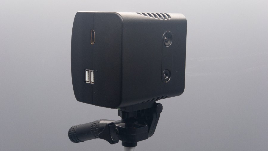 OpenNCC IR384 temperature camera mounted on a mini tripod, three-quarter view