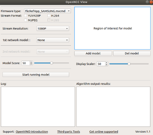 OpenNCC View open-source tool screenshot: stream format, resolution and network-model selectors, add/remove OpenVINO model buttons, model score slider and algorithm output panel &mdash; used to swap AI models on an OpenNCC camera in under a minute