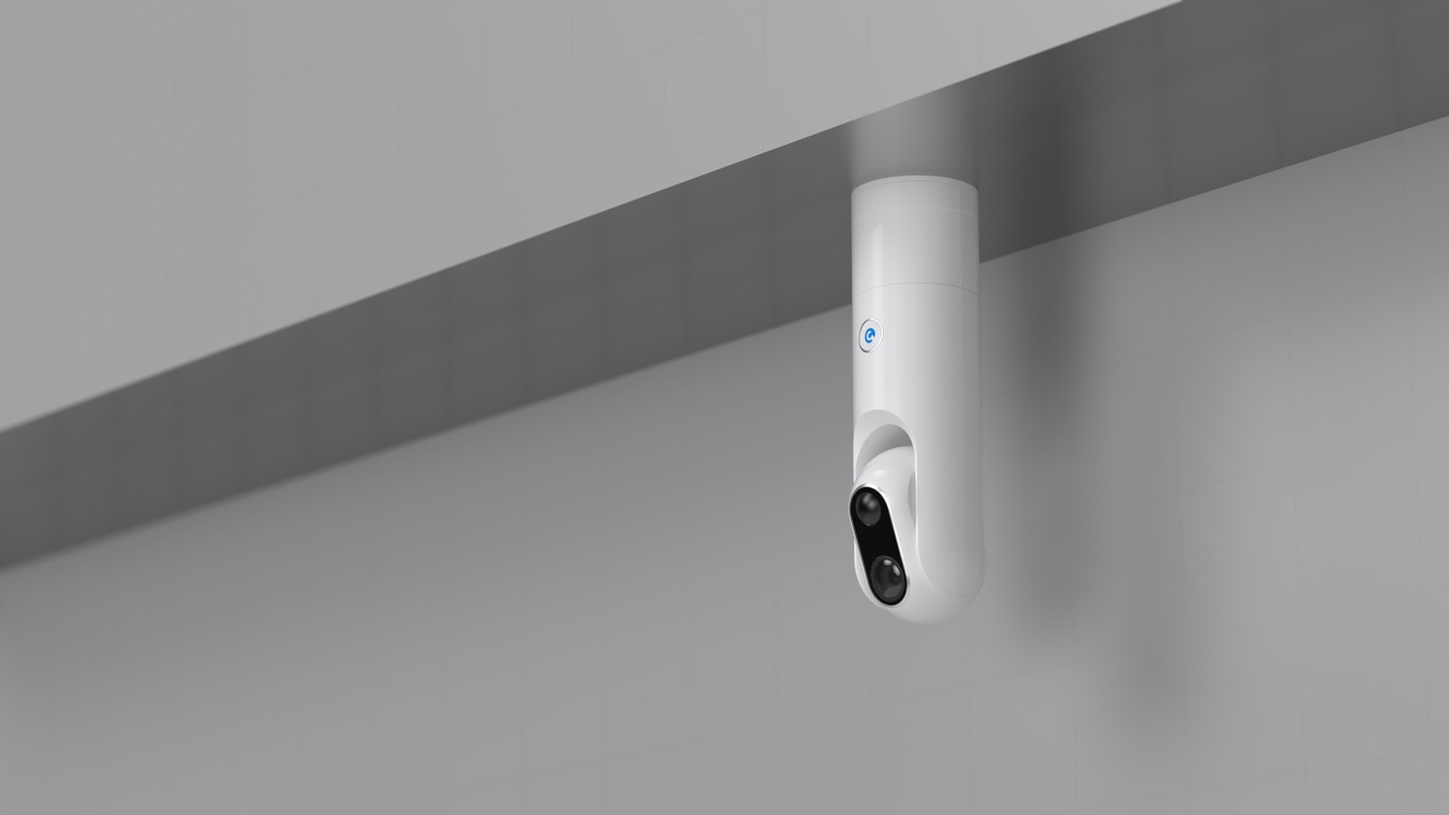 Sticker-Eye camera mounted upside down under a ceiling, camera head re-oriented to keep the scene level