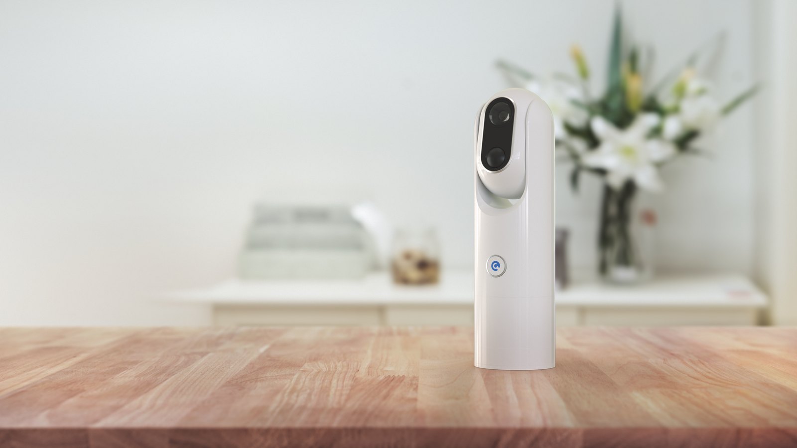 Sticker-Eye camera standing on an indoor table, one cordless device, no cables