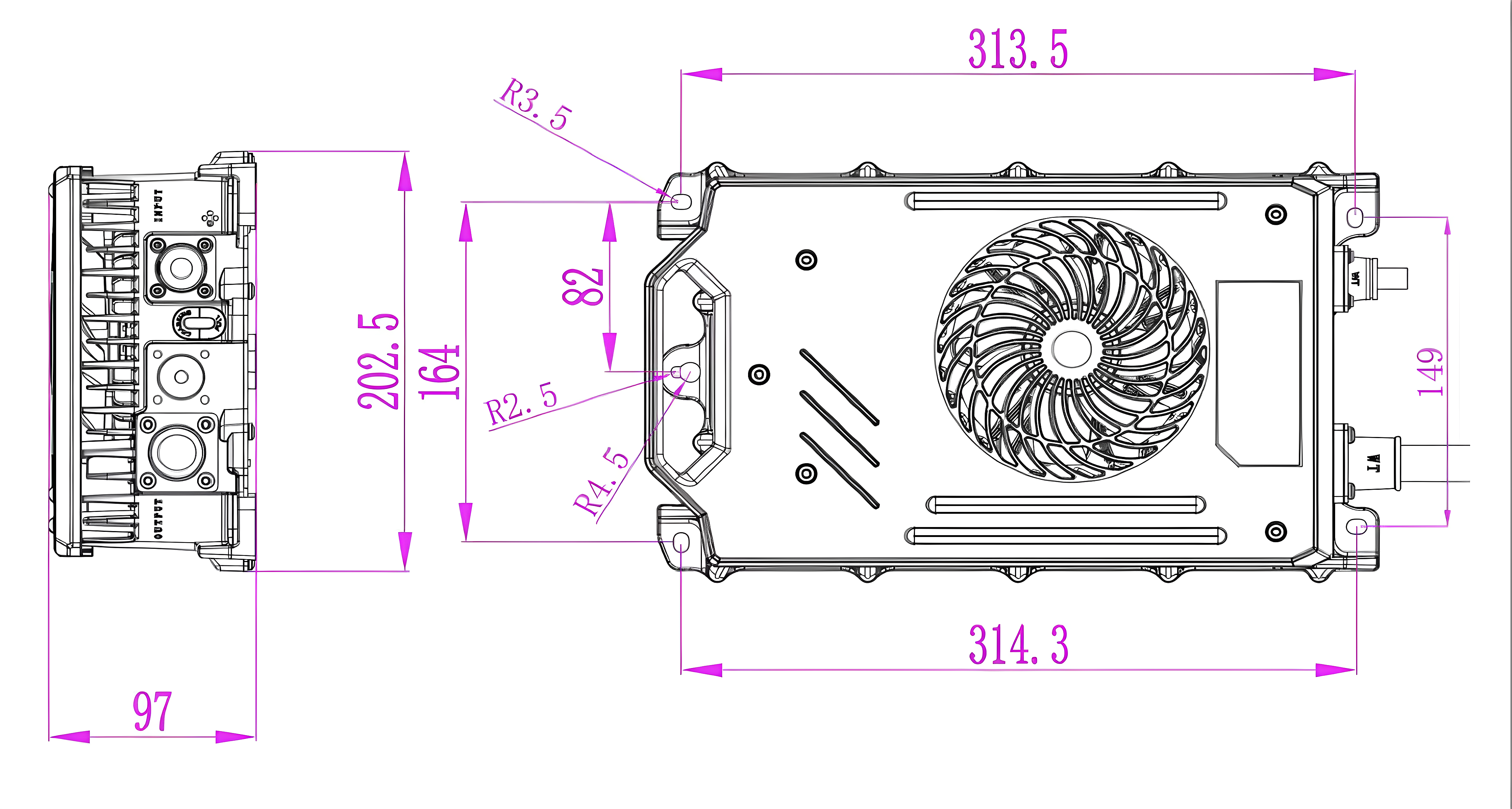 XCONTACTOR WT series 3000W on-board battery charger — product structure and dimensions