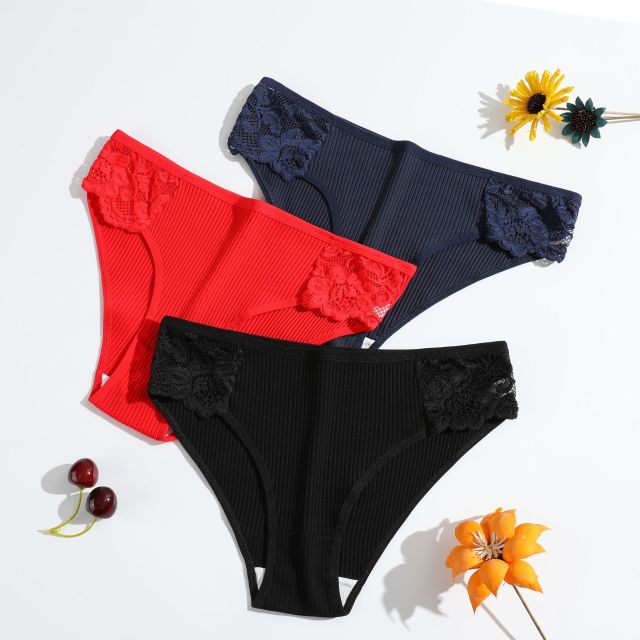 Wholesale Sexy Ribbed Cotton Panties Women Soft Lace Trim Briefs Breathable Mid Waist Ladies Underwear Knickers Bulk Pack Luxury