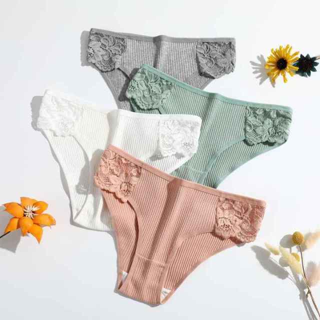 Wholesale Sexy Ribbed Cotton Panties Women Soft Lace Trim Briefs Breathable Mid Waist Ladies Underwear Knickers Bulk Pack Luxury